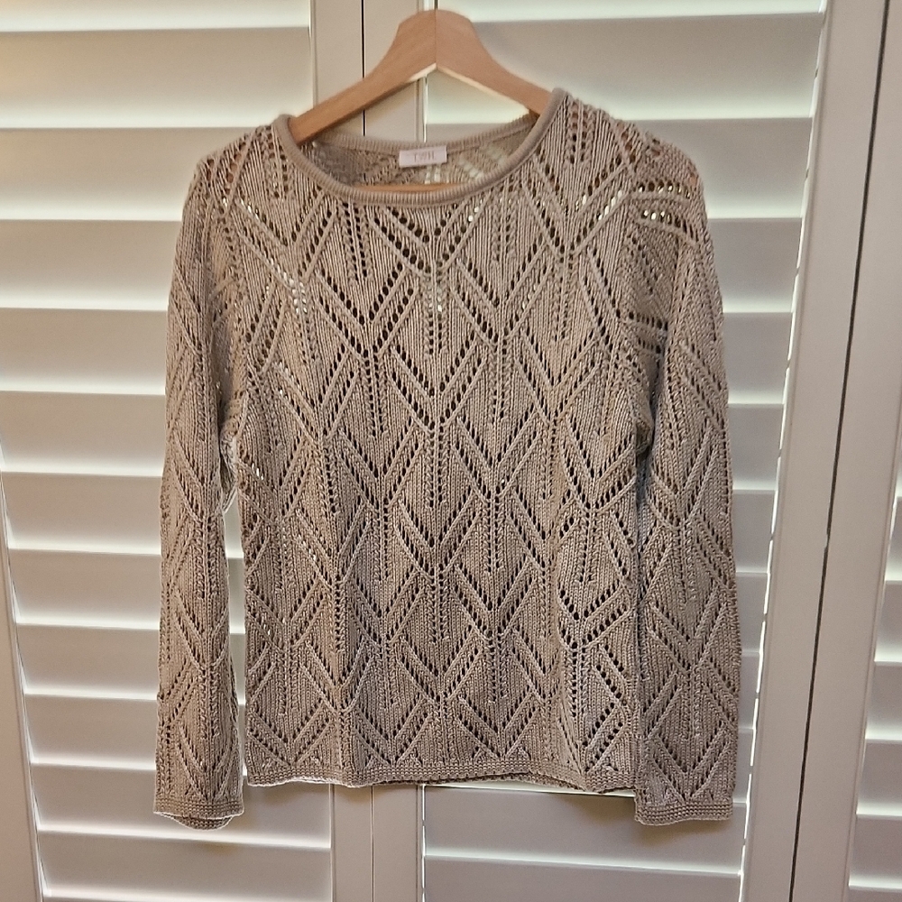 Cream Ribbed Long Sleeve Tee with Geometric Knit